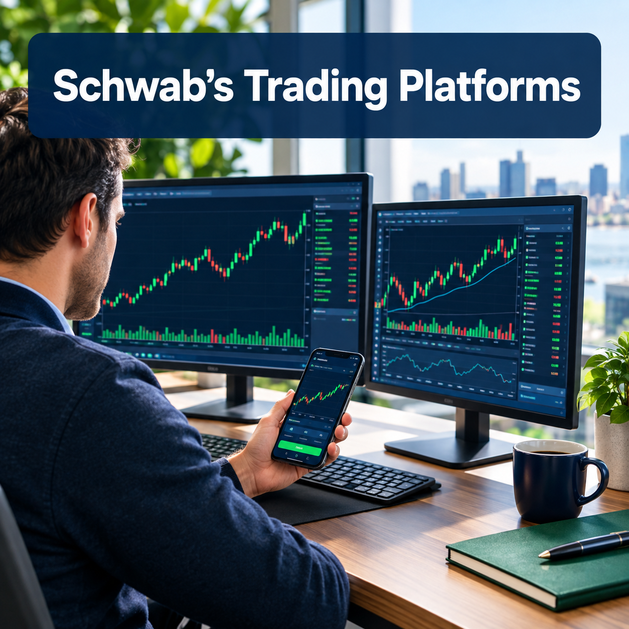 Professional () hero image with (≤42 chars): 'Schwab's Trading Platforms', crisp white on a dark navy semi-transparent