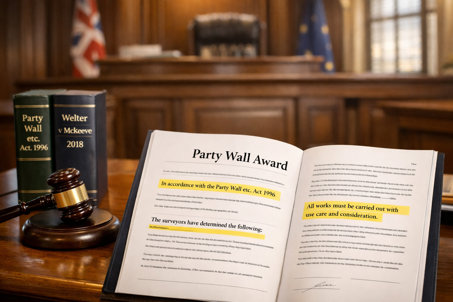 () image showing courtroom interior with judge's bench in background, foreground displays opened legal document labeled