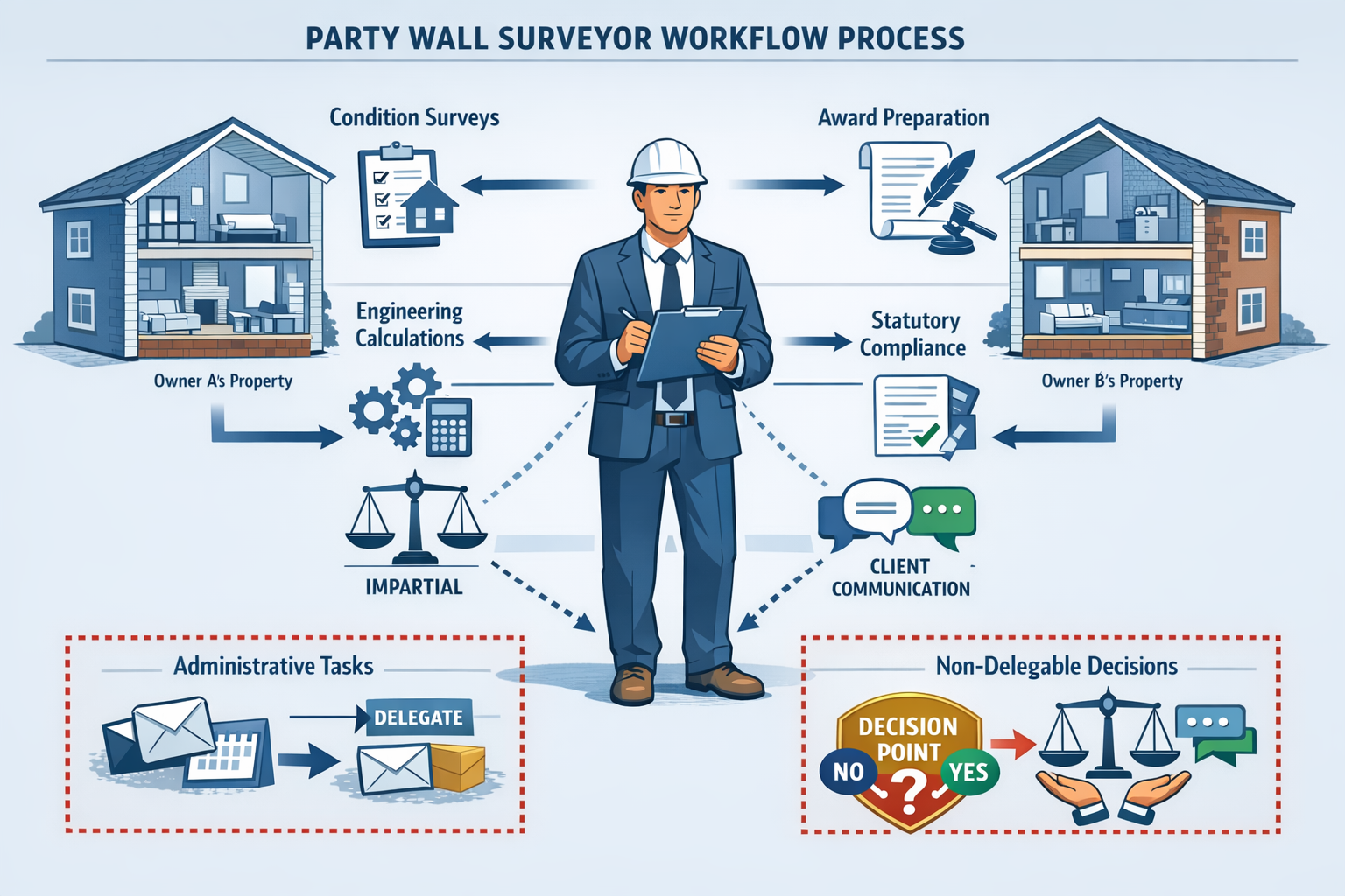 () detailed infographic illustration showing party wall surveyor workflow process, central figure of professional surveyor