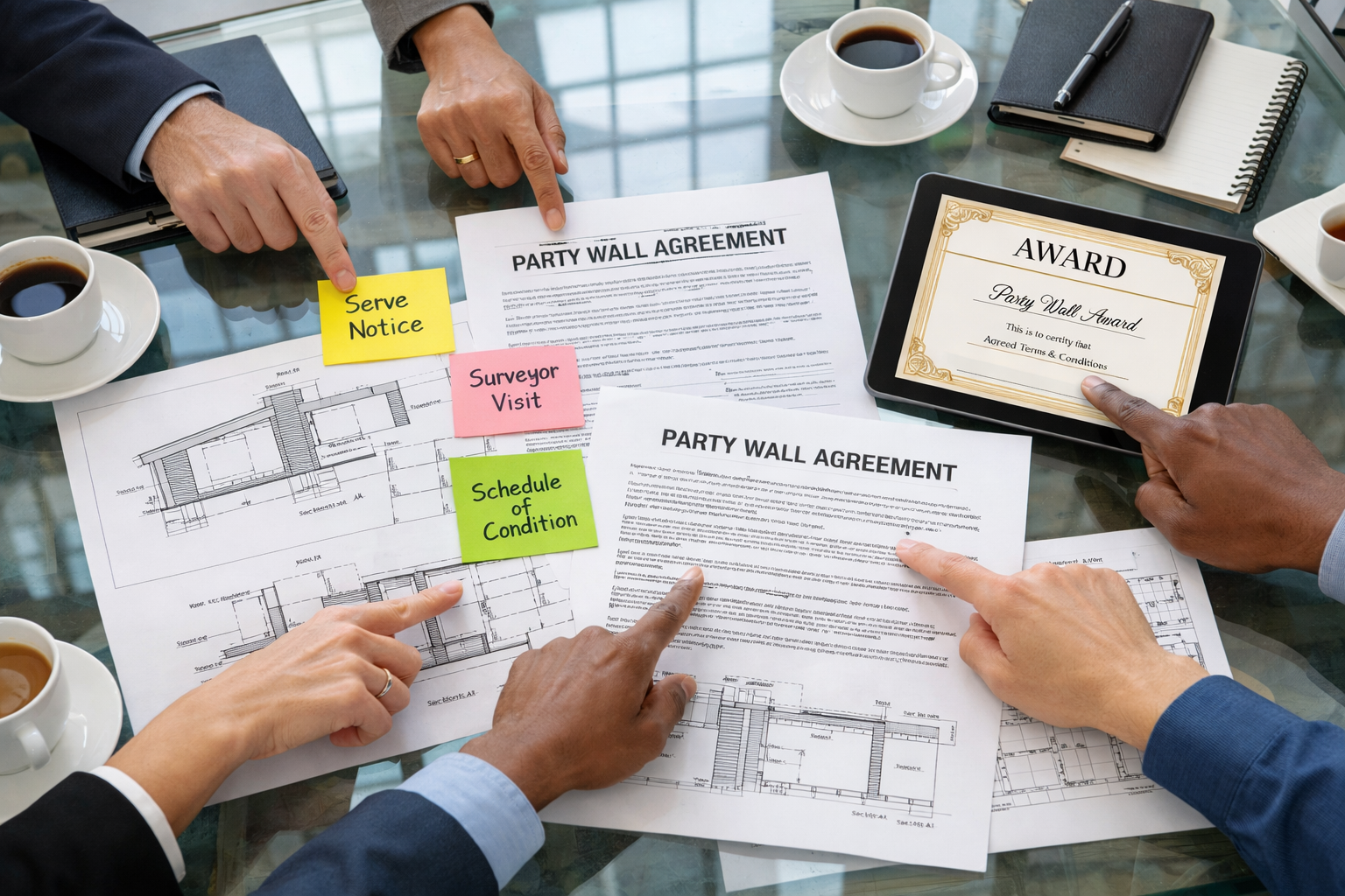 () professional photograph showing transparent glass conference table from above, multiple hands pointing at detailed party