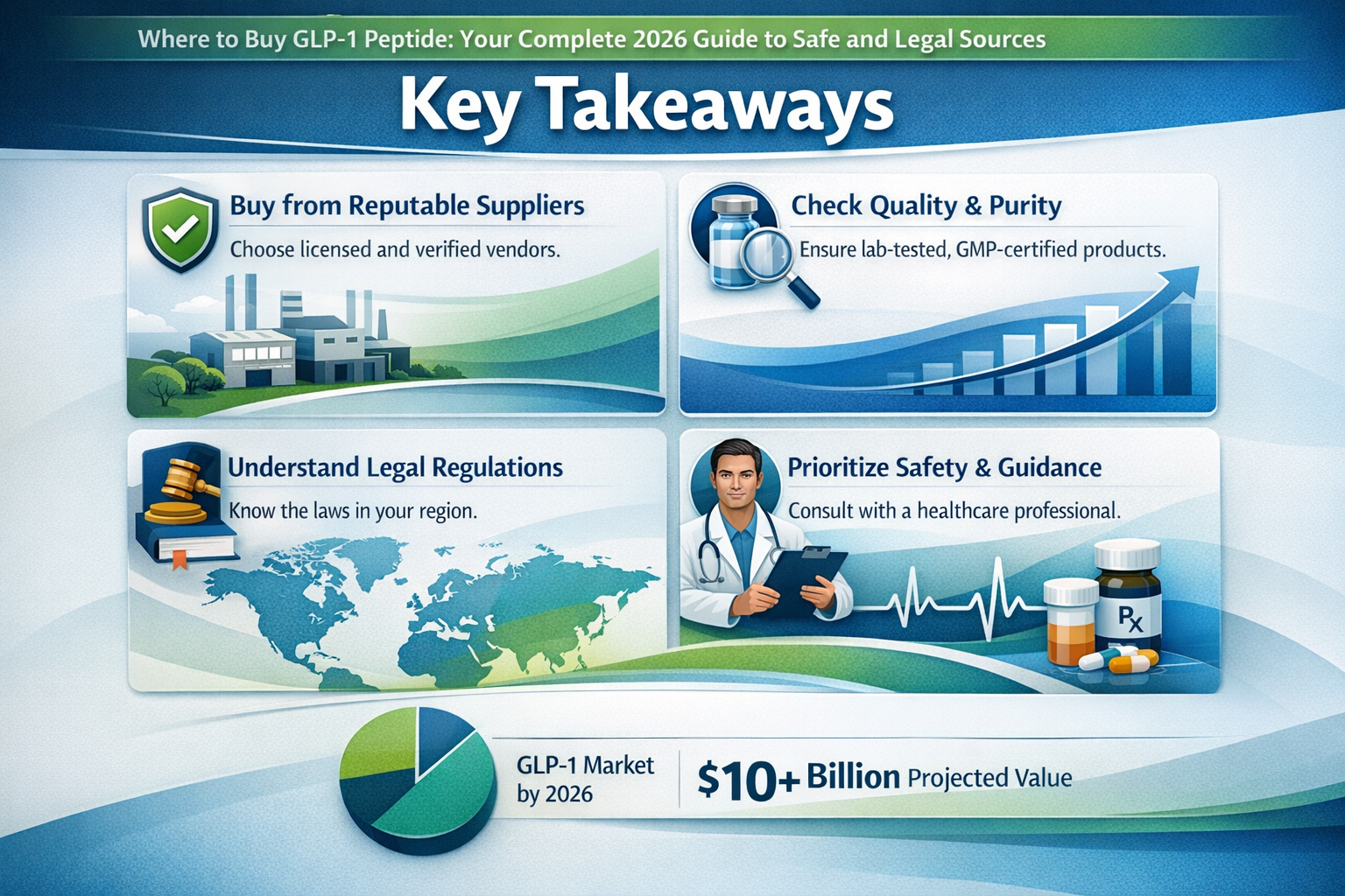 Professional landscape infographic (1536x1024) for article "Where to Buy GLP-1 Peptide: Your Complete 2026 Guide to Safe and Legal Sources",