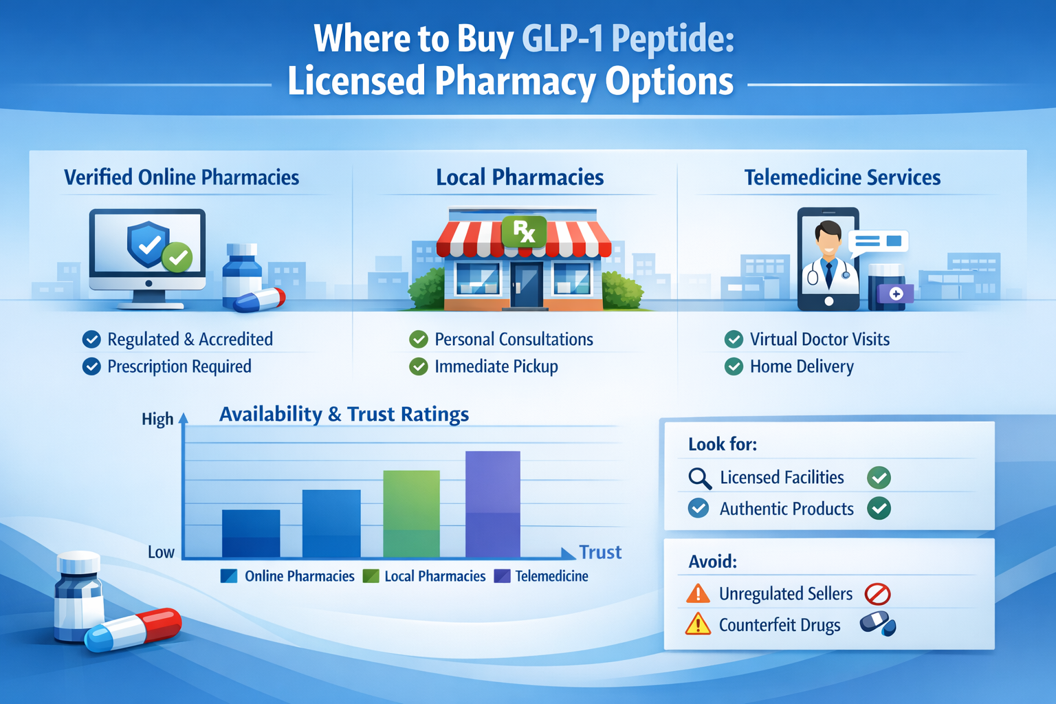 Professional landscape infographic (1536x1024) for article "Where to Buy GLP-1 Peptide: Your Complete 2026 Guide to Safe and Legal Sources",