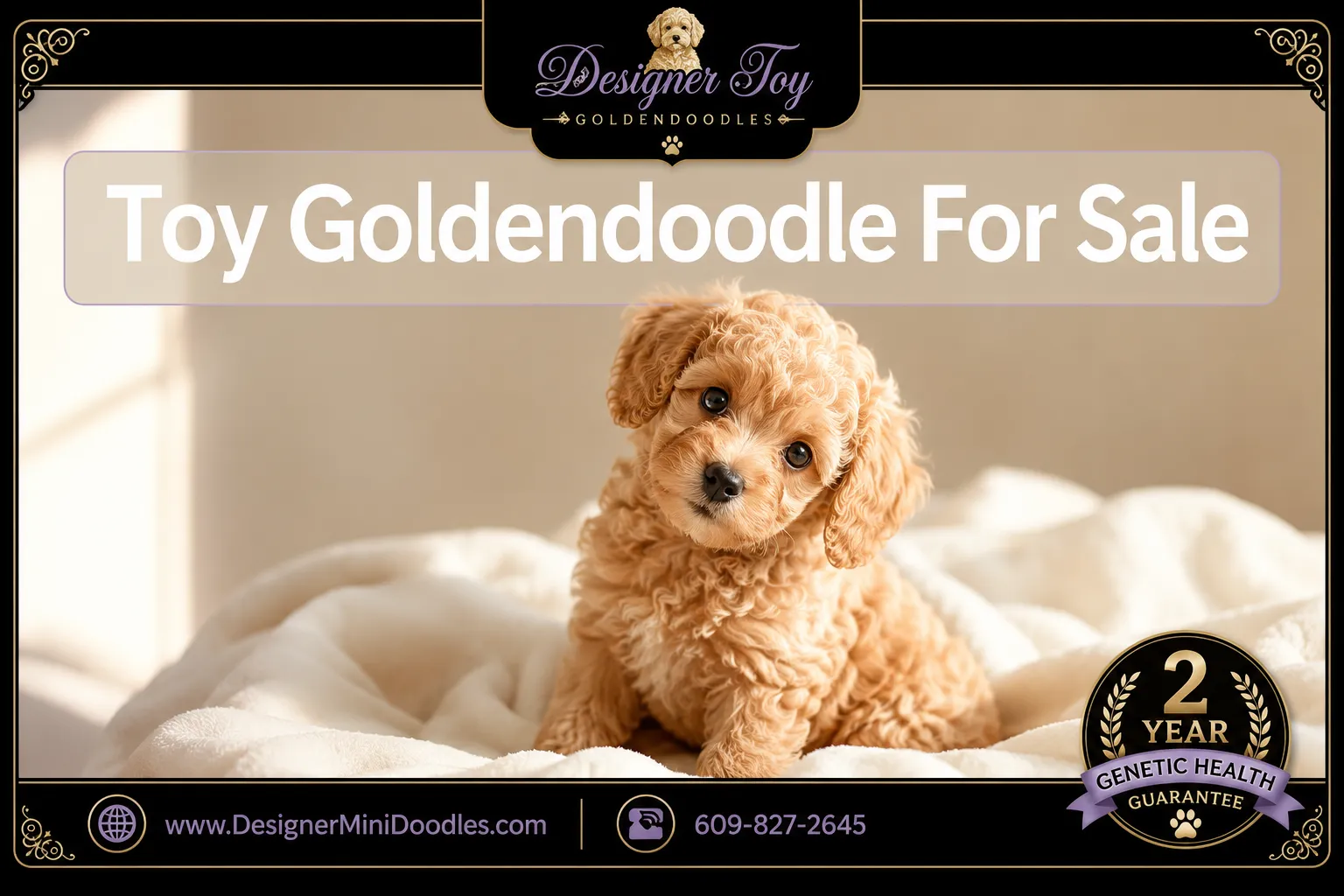 Professional () editorial hero image with 'Toy Goldendoodle For Sale' in crisp white on a warm cream semi-transparent panel,