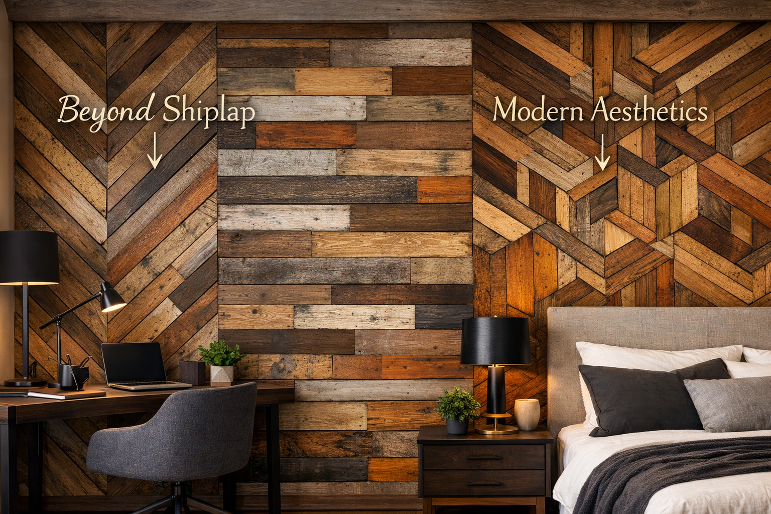 A detailed landscape format (1536x1024) image illustrating diverse reclaimed wood paneling styles for modern homes. Show various patterns li