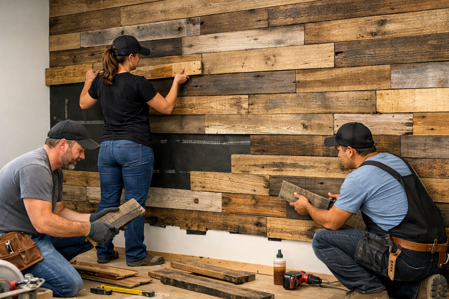 A landscape format (1536x1024) image showcasing the process of professional installation of a mixed-width reclaimed wood accent wall. The sc
