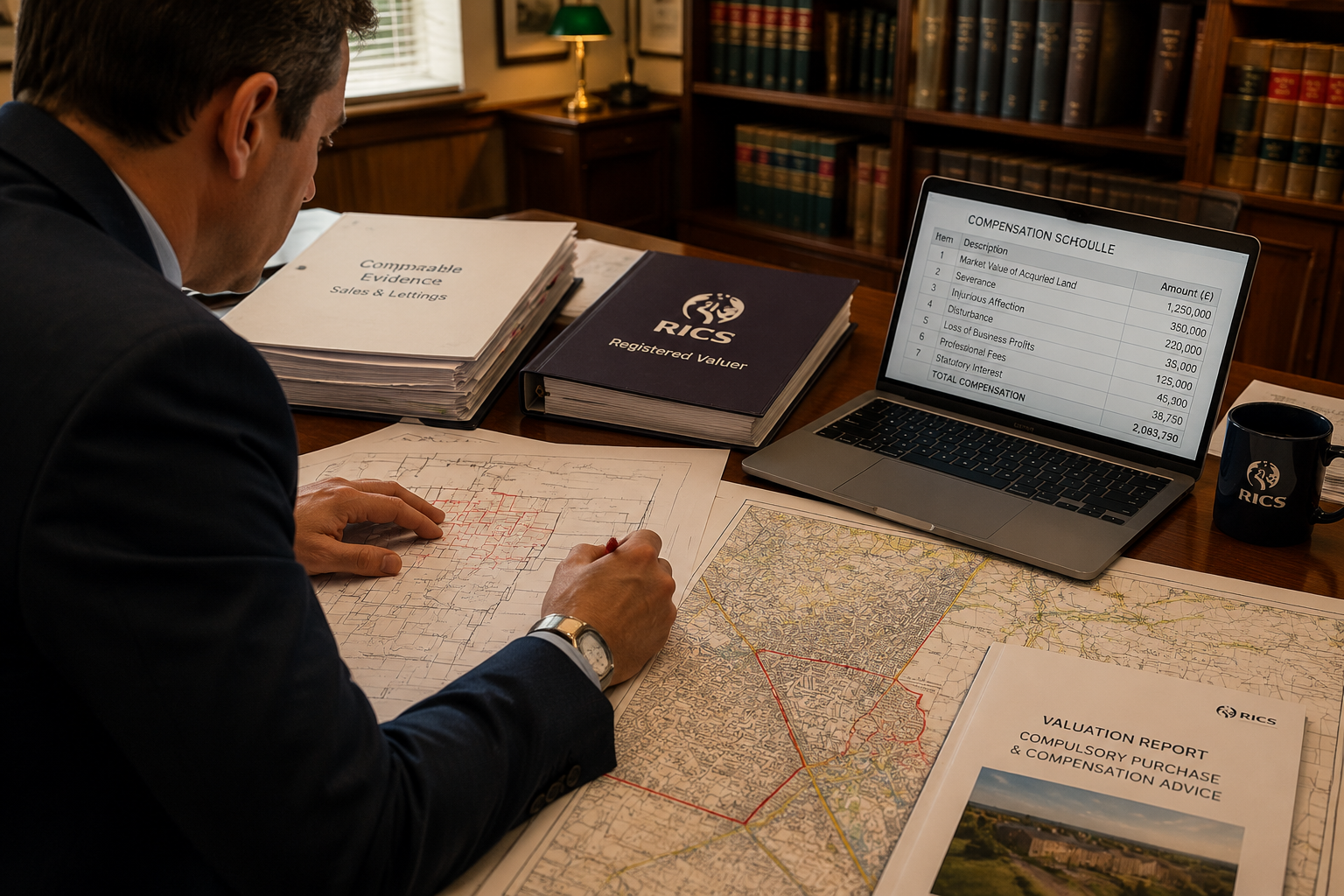 Wide-angle interior shot of a RICS-registered chartered surveyor at a large wooden desk covered with property valuation