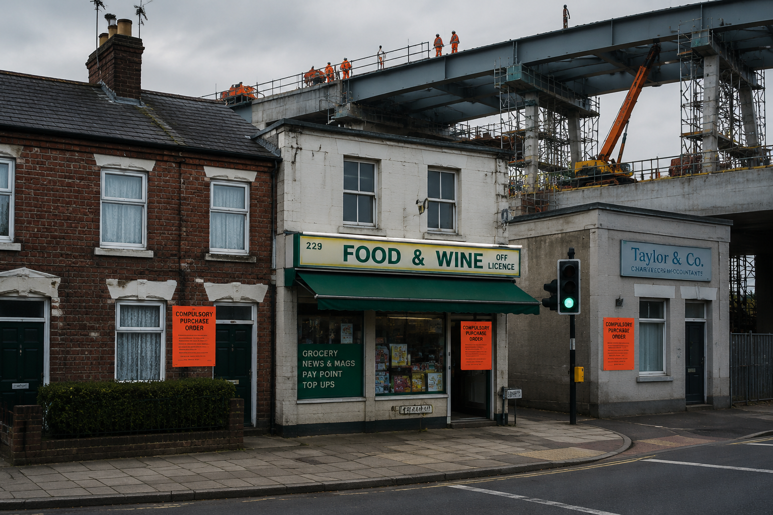 Dramatic eye-level street-level photograph of a row of small UK commercial and residential properties — a terraced house, a