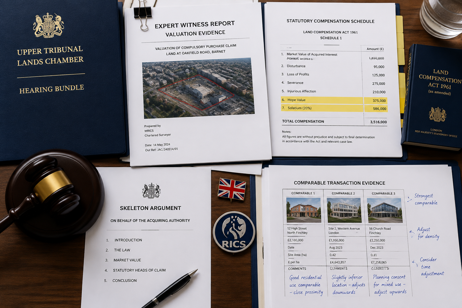 Close-up overhead flat-lay of a formal Upper Tribunal Lands Chamber hearing table with printed expert witness valuation