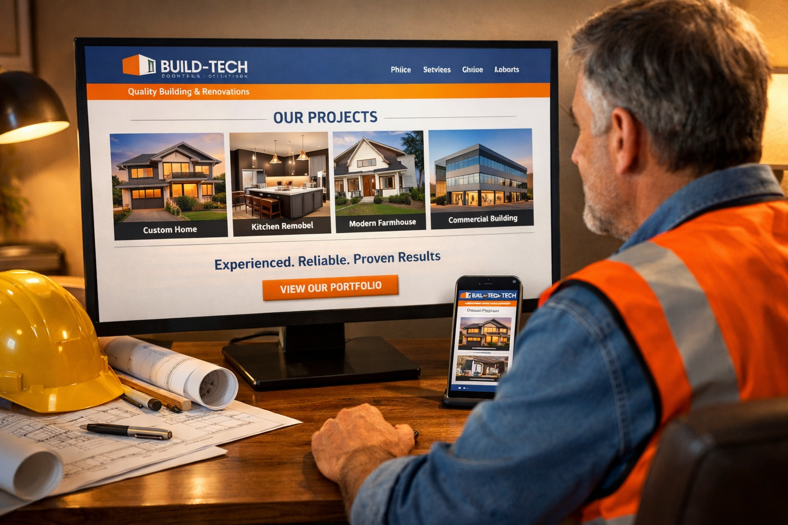 Landscape format (1536x1024) editorial image showing a construction company owner sitting at a desk reviewing his professional website on a