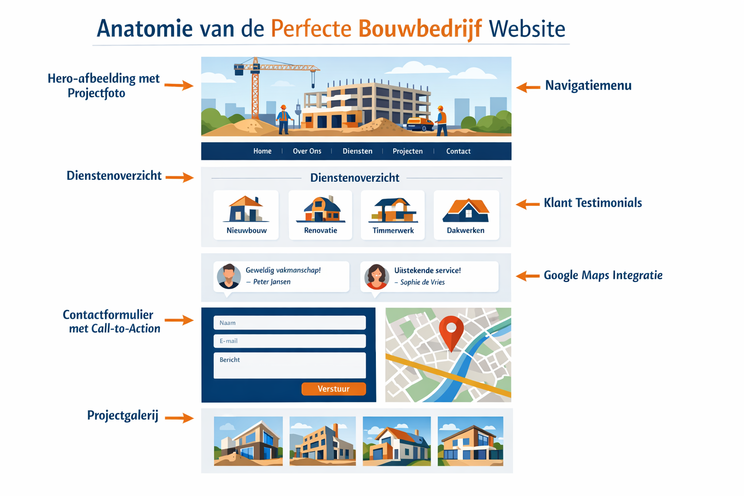 Landscape format (1536x1024) infographic-style image showing the anatomy of a perfect construction company website. Visual breakdown with la