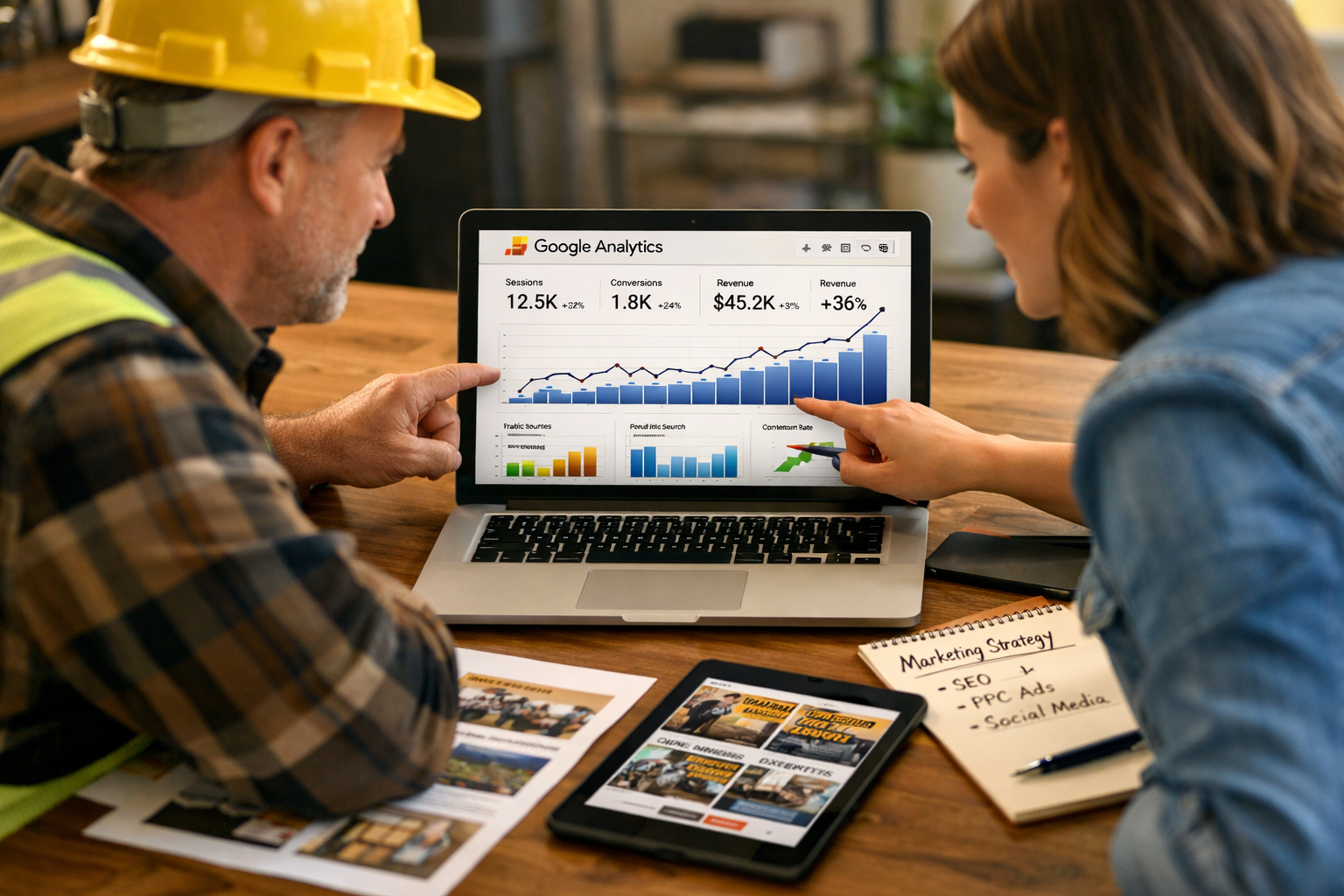 Landscape format (1536x1024) image showing a construction company owner and a web designer collaborating at a table, reviewing website analy
