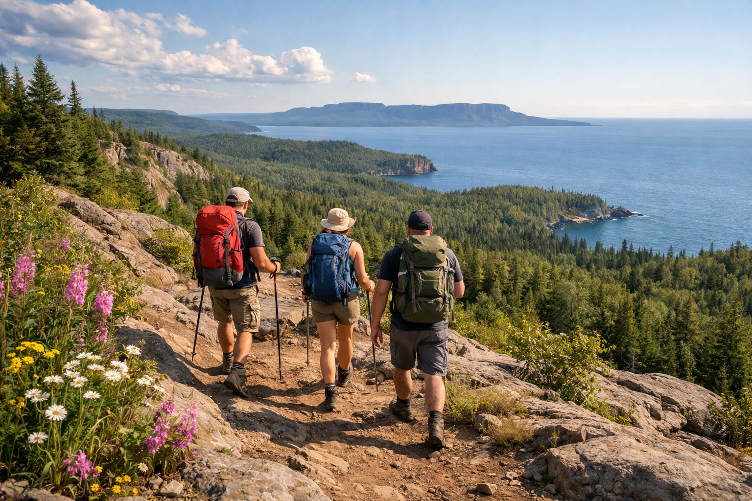 Detailed landscape format (1536x1024) editorial photograph of hikers on a rugged trail along Lake Superior's north shore near Thunder Bay, w