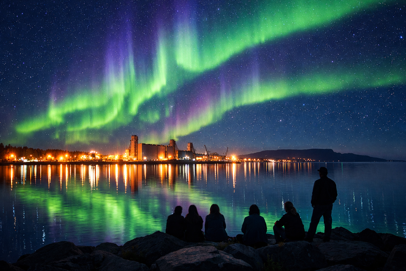 Detailed landscape format (1536x1024) editorial photograph of vivid green and purple Northern Lights aurora borealis dancing across a dark s
