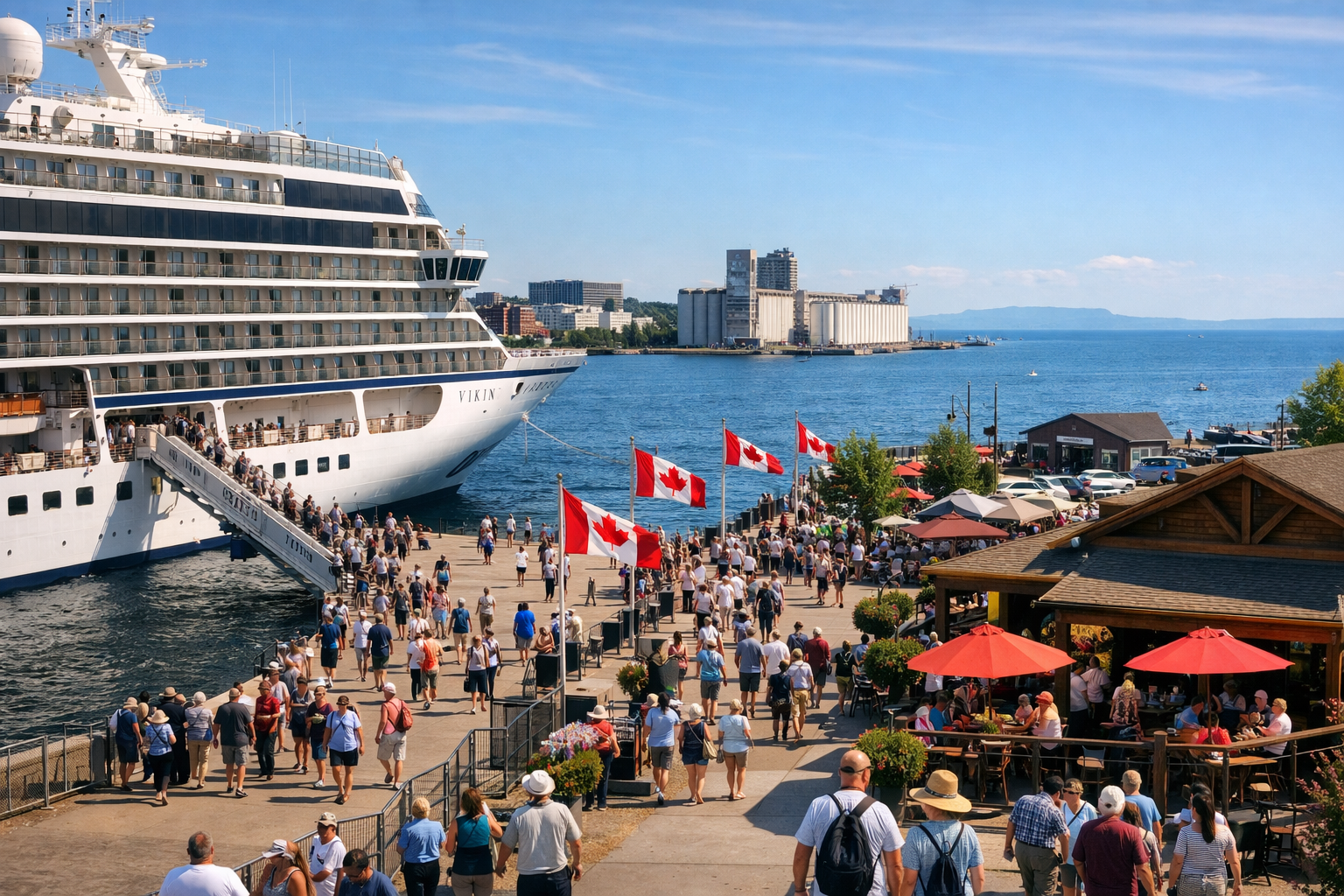 Detailed landscape format (1536x1024) editorial photograph of a Viking cruise ship docked at Thunder Bay's port on a bright summer day, with