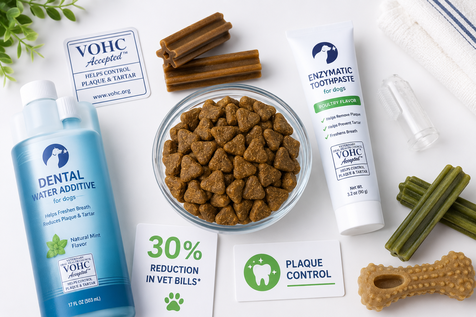 () editorial image showing organized flat-lay composition of VOHC-approved dental products for pets. Center features premium