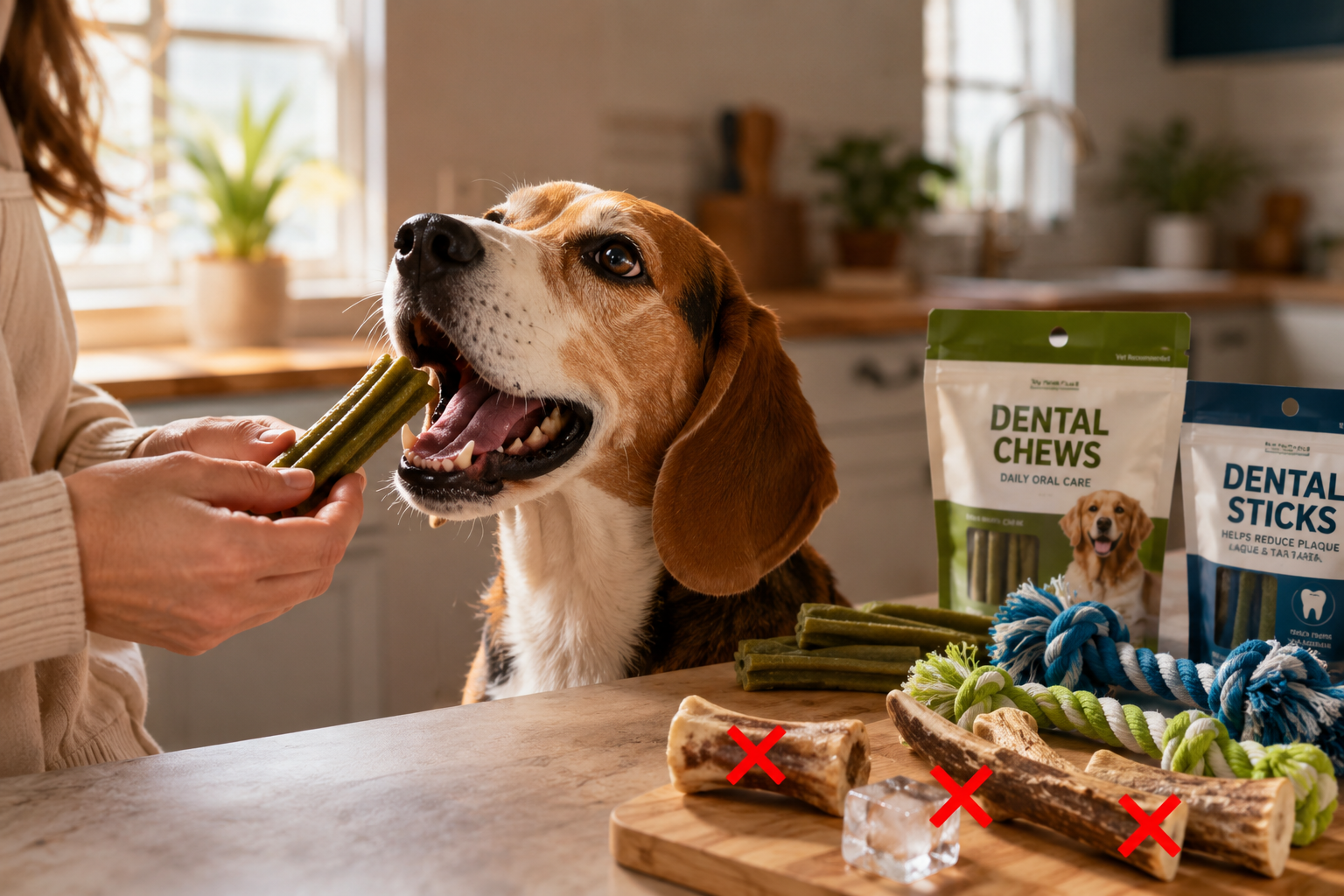 () close-up lifestyle image of pet owner's hands offering dental treat to eager beagle dog in modern kitchen setting. Dog's