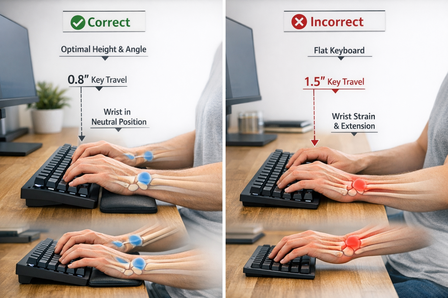 Professional photograph (1536x1024) showing ergonomic typing setup comparison with mechanical keyboard positioned at optimal height and angl