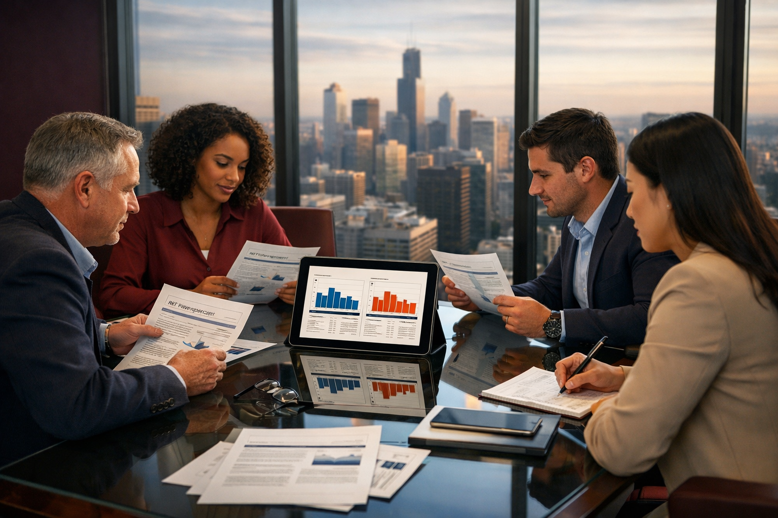 Wide-angle editorial illustration of a diverse group of beginner investors gathered around a glass conference table