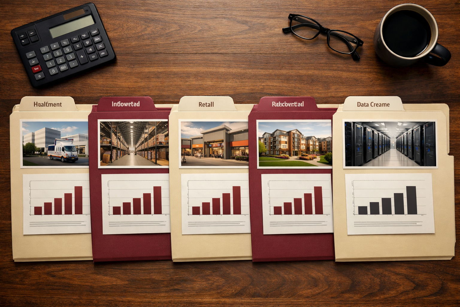 Overhead flat-lay composition showing a wooden desk with five labeled folder tabs representing REIT sectors &mdash; healthcare,