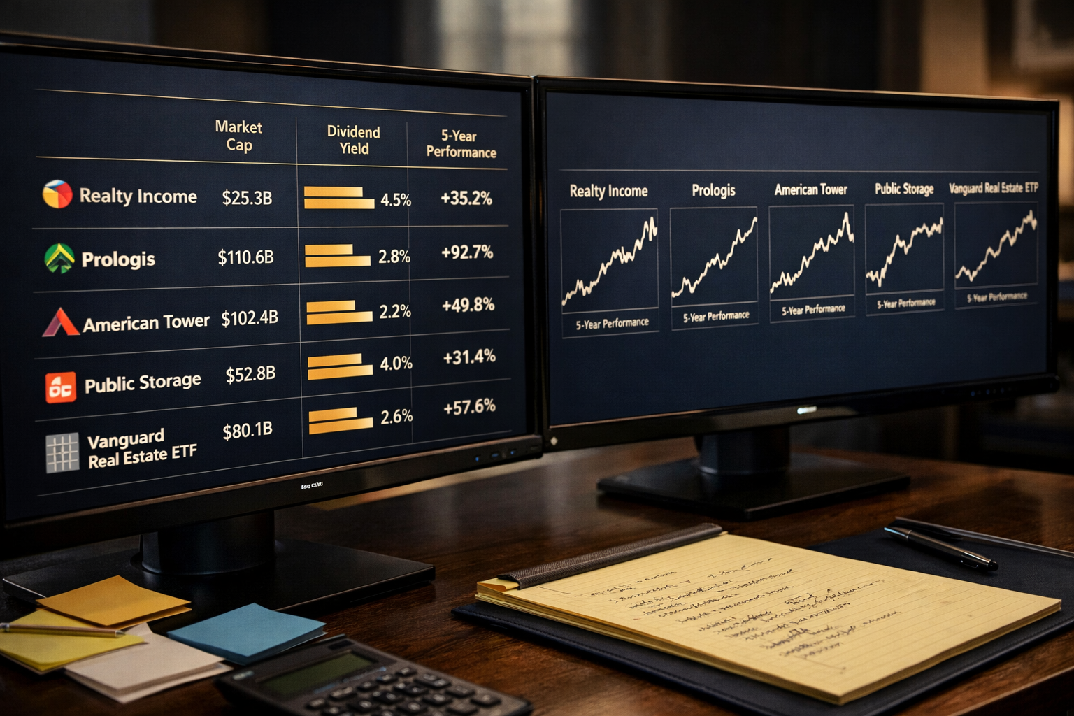 Close-up side-angle shot of a financial advisor's dual monitor setup showing a comparison table of top REITs including