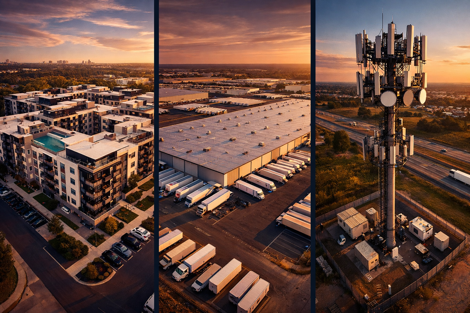 Bird's-eye view of a modern apartment complex, an industrial warehouse facility, and a cell tower collaged together in a