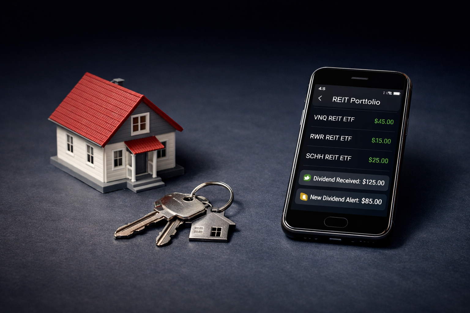 Minimalist editorial photo of two side-by-side investment paths &mdash; on the left a set of physical rental property keys and a