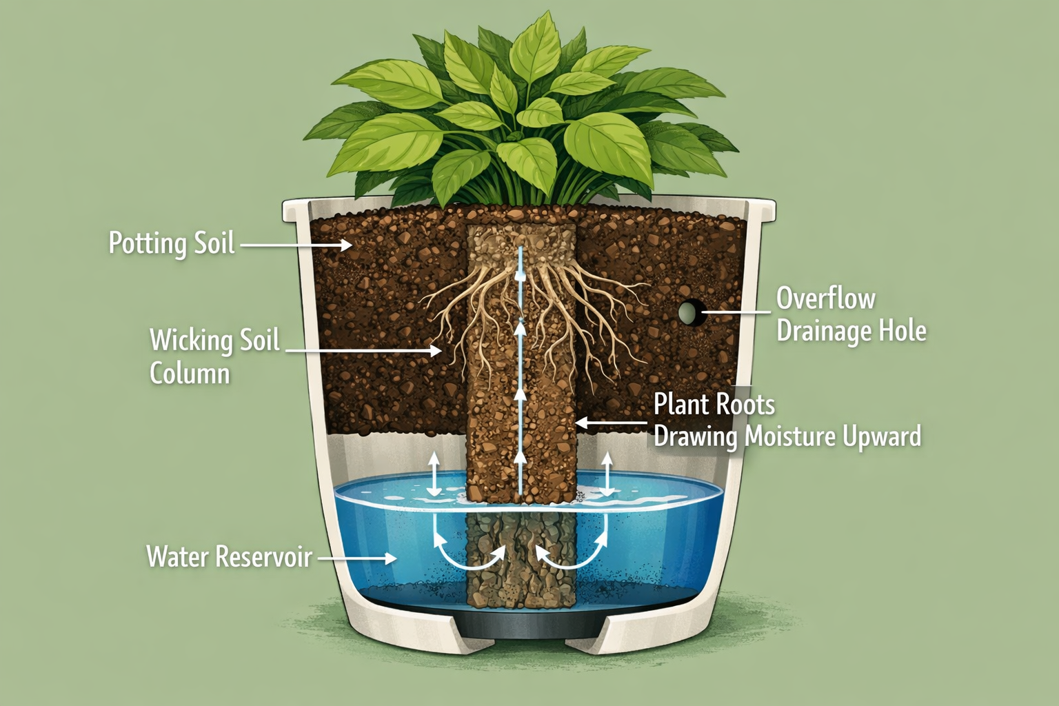 Detailed () cross-section diagram illustration of a self-watering pot showing the water reservoir at the bottom, wicking