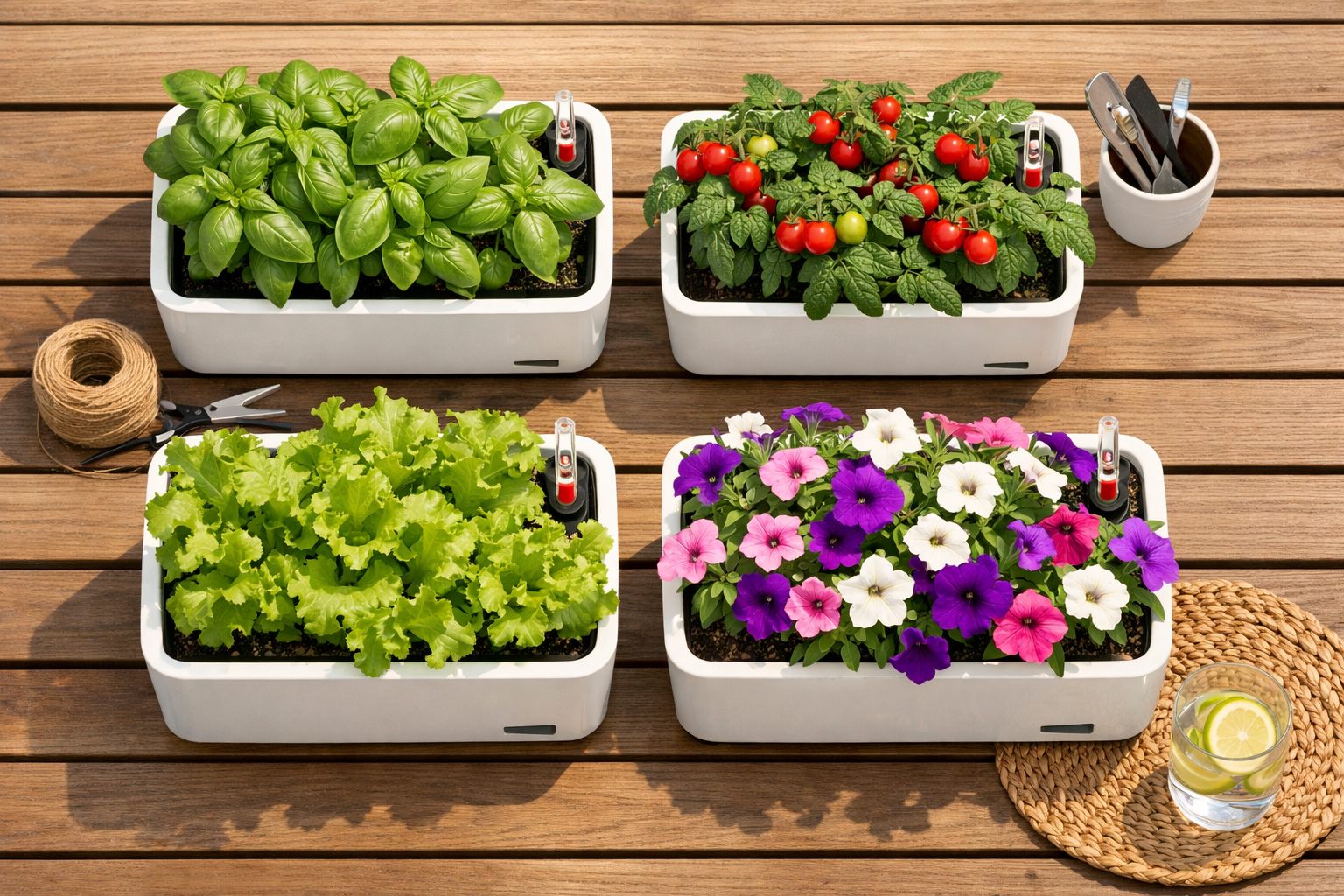 () overhead flat-lay photograph of a small apartment balcony with four self-watering planters arranged neatly, each growing