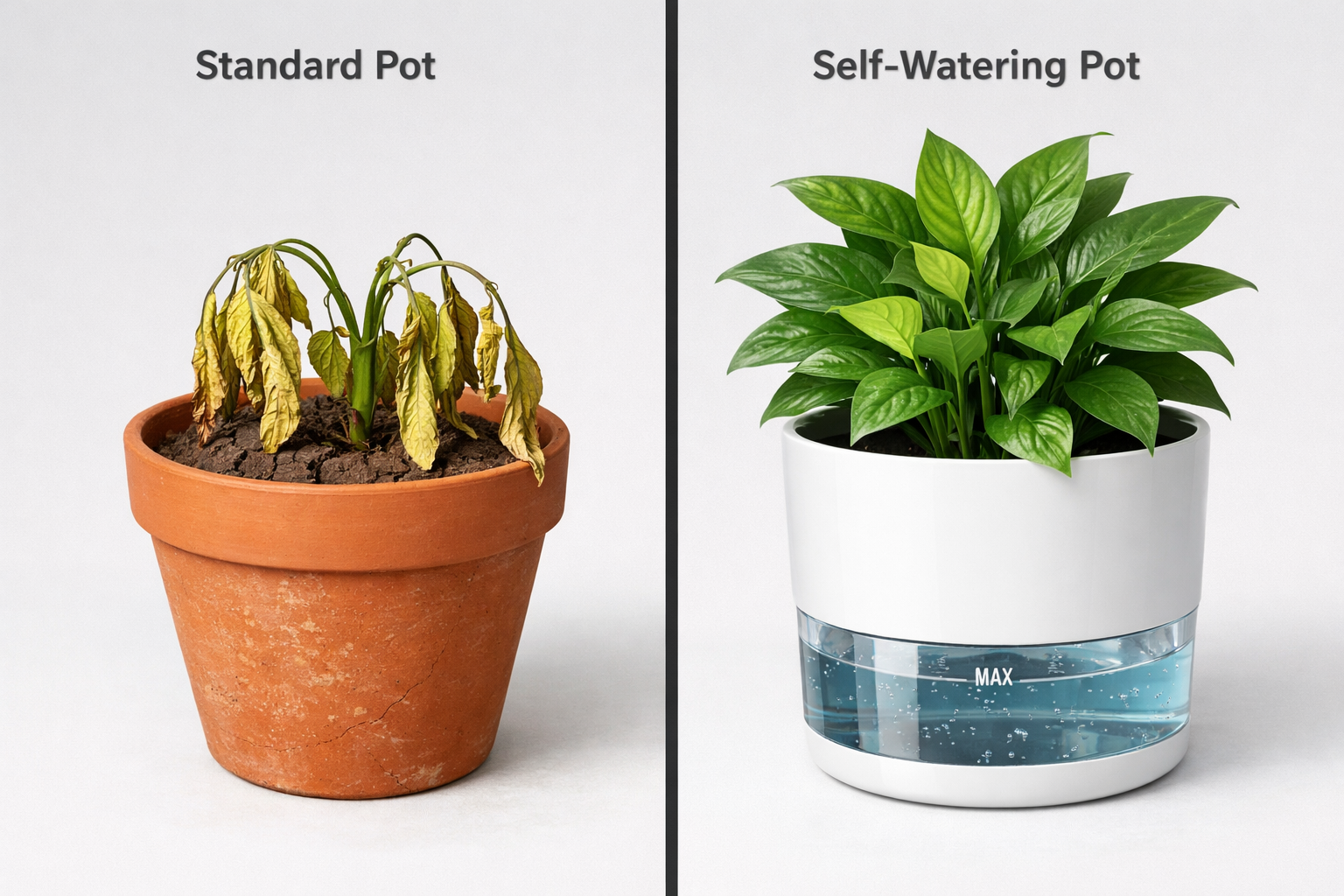 () side-by-side comparison scene: left half shows a wilting plant in a standard terracotta pot with dry cracked soil, right