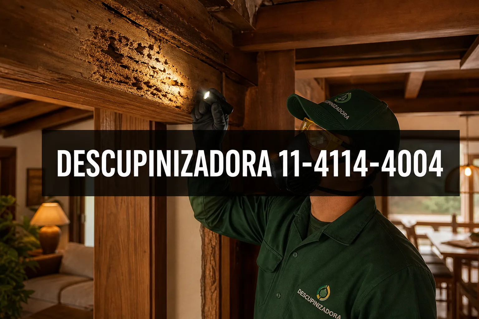 Professional () hero image with (≤42 chars): 'DESCUPINIZADORA 11-4114-4004' in crisp white on a dark semi-transparent panel,