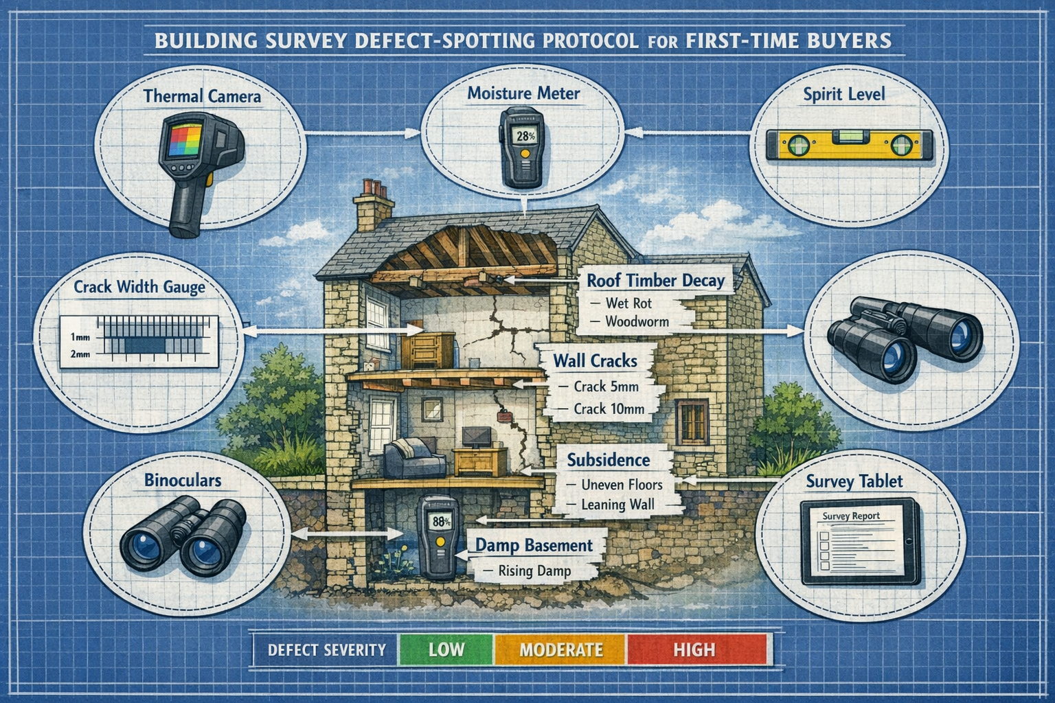 Landscape format (1536x1024) detailed illustration of building survey defect-spotting protocol workflow for first-time buyers. Central image