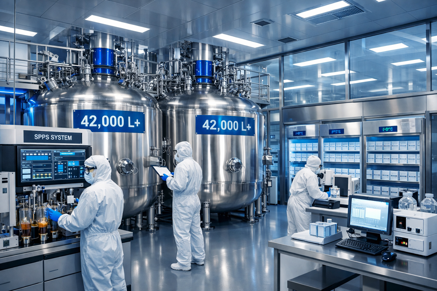 Landscape format (1536x1024) pharmaceutical manufacturing facility interior showing advanced SPPS (Solid Phase Peptide Synthesis) equipment,
