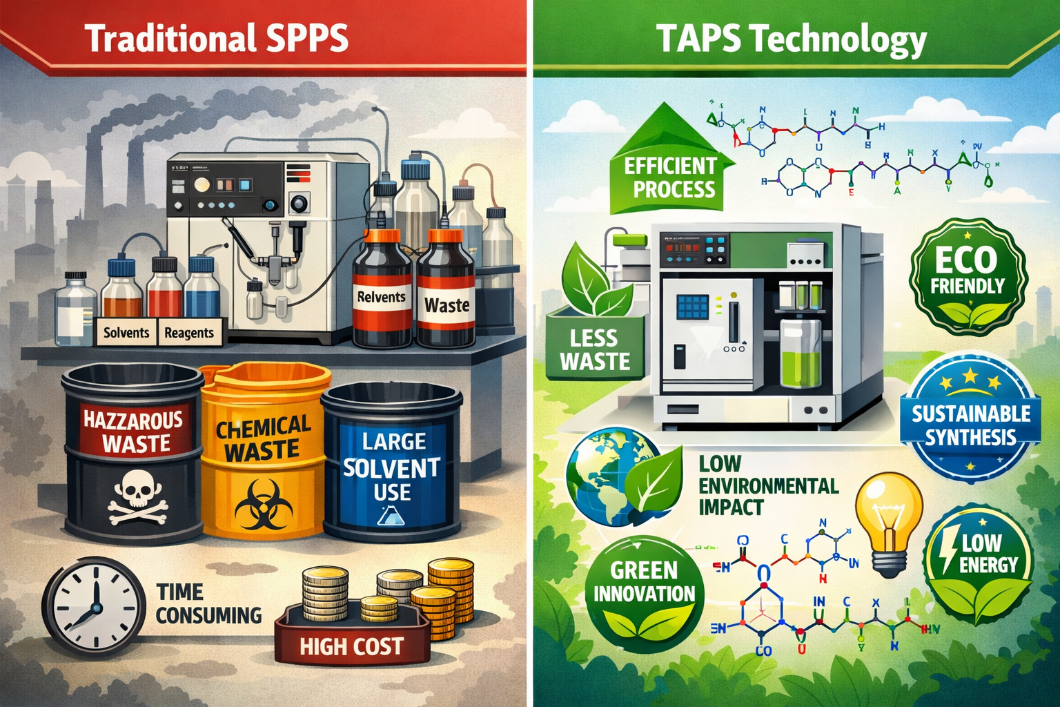 Landscape format (1536x1024) comparison visual showing traditional SPPS versus Tag-Assisted Peptide Synthesis (TAPS) technology, split-scree