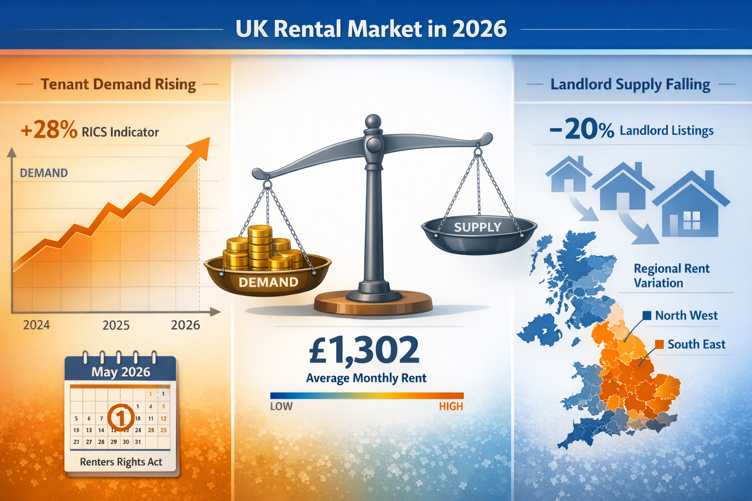 () detailed infographic showing UK rental market dynamics in 2026 with split-screen composition: left side displays upward