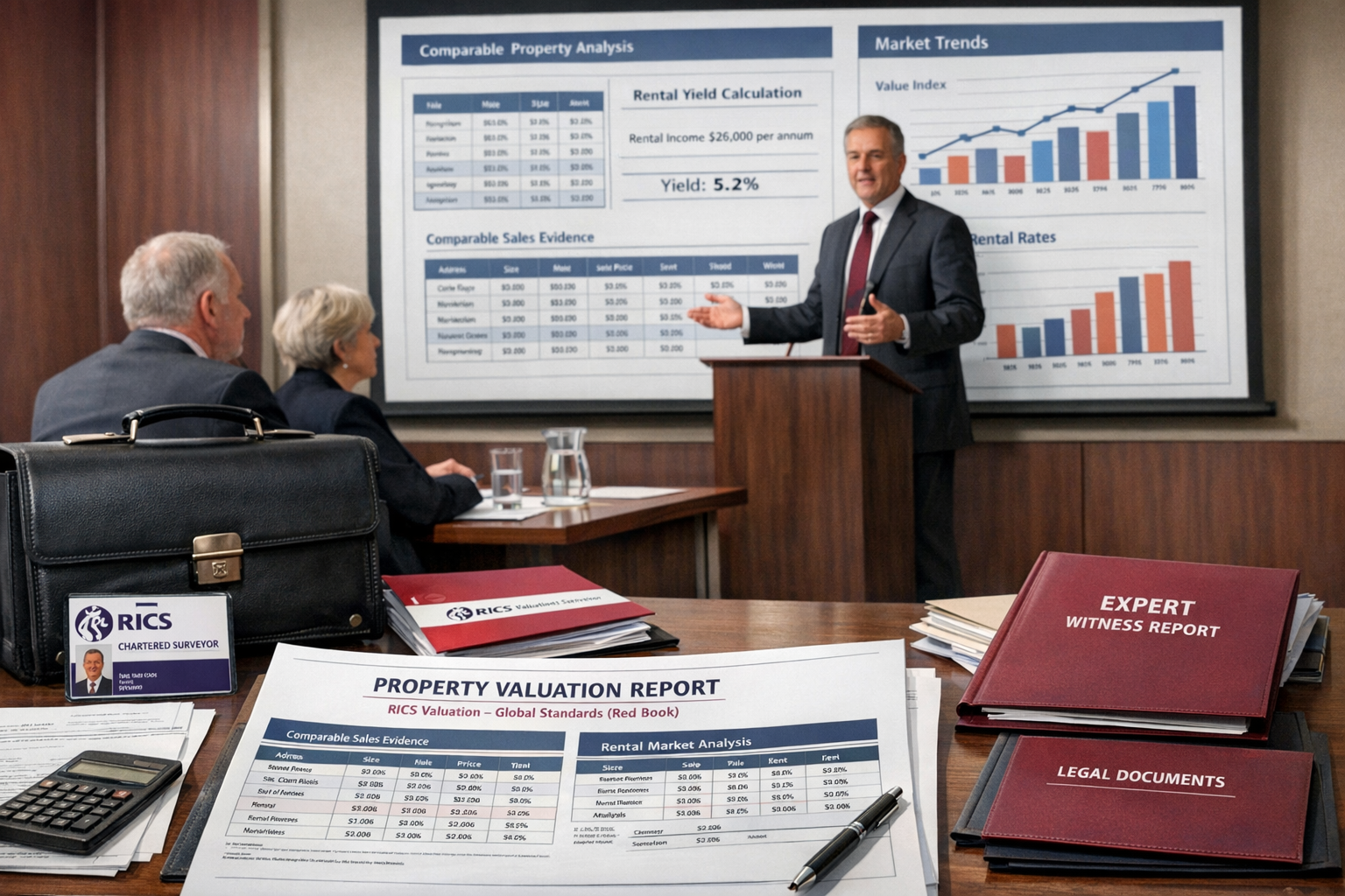 () professional scene showing RICS chartered surveyor presenting expert witness testimony in formal dispute resolution