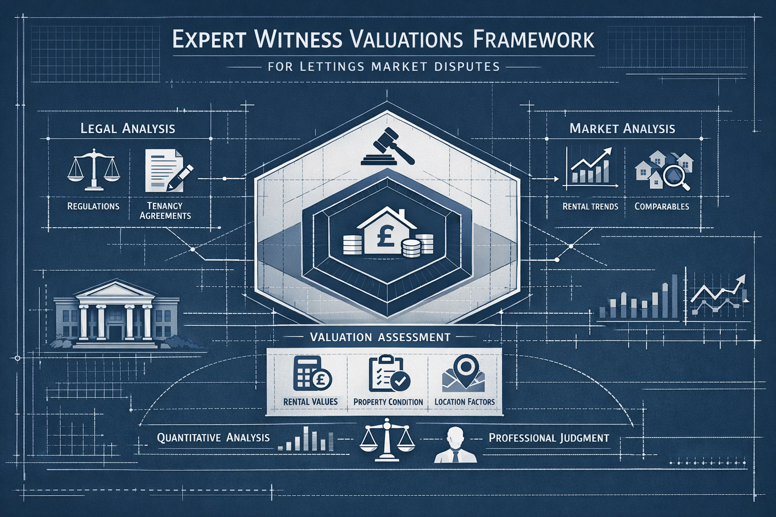 Professional editorial infographic visualizing 'Expert Witness Valuations Framework' for lettings market disputes, featuring