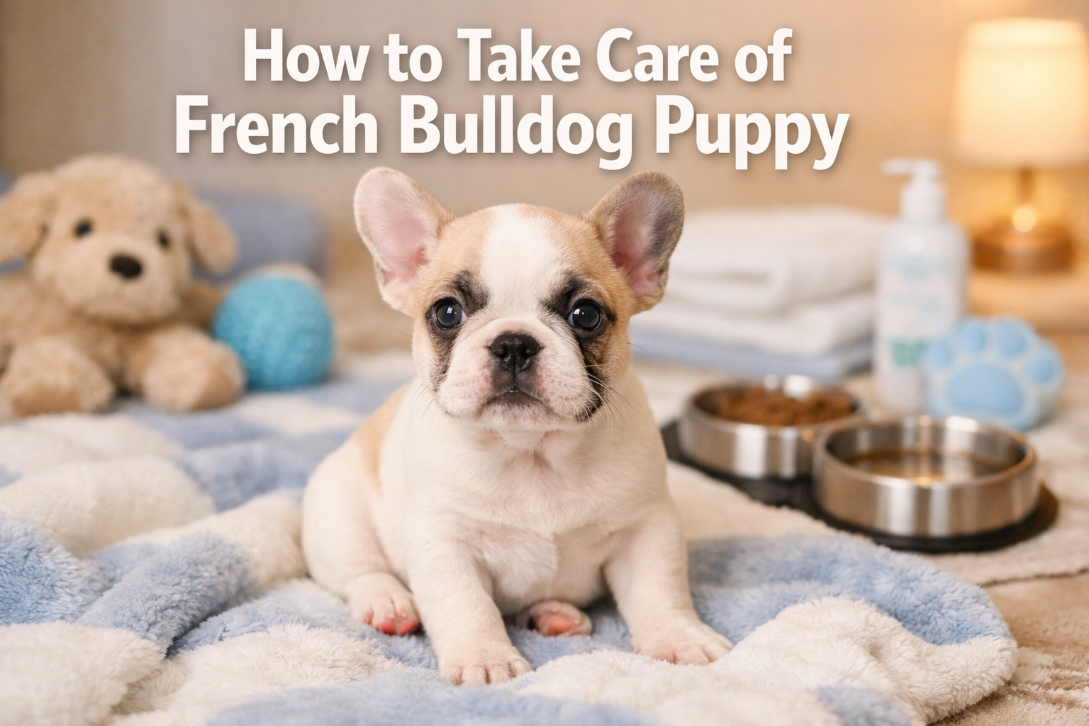 Professional landscape format (1536x1024) hero image featuring adorable French Bulldog puppy with cream and fawn coloring sitting on soft bl