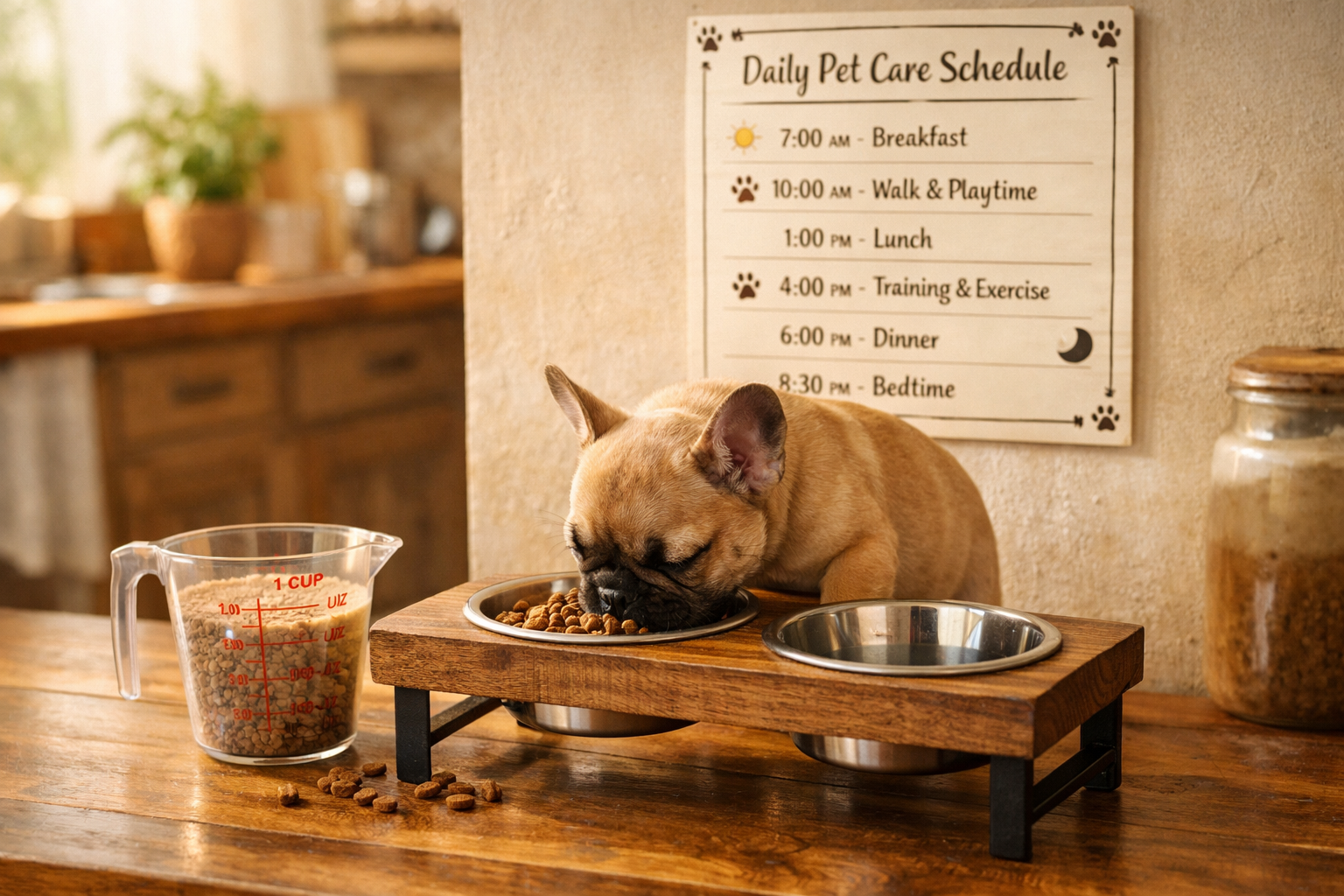 Portrait format (1024x1536) image showing French Bulldog puppy eating from elevated food bowl with measuring cup nearby, daily care schedule