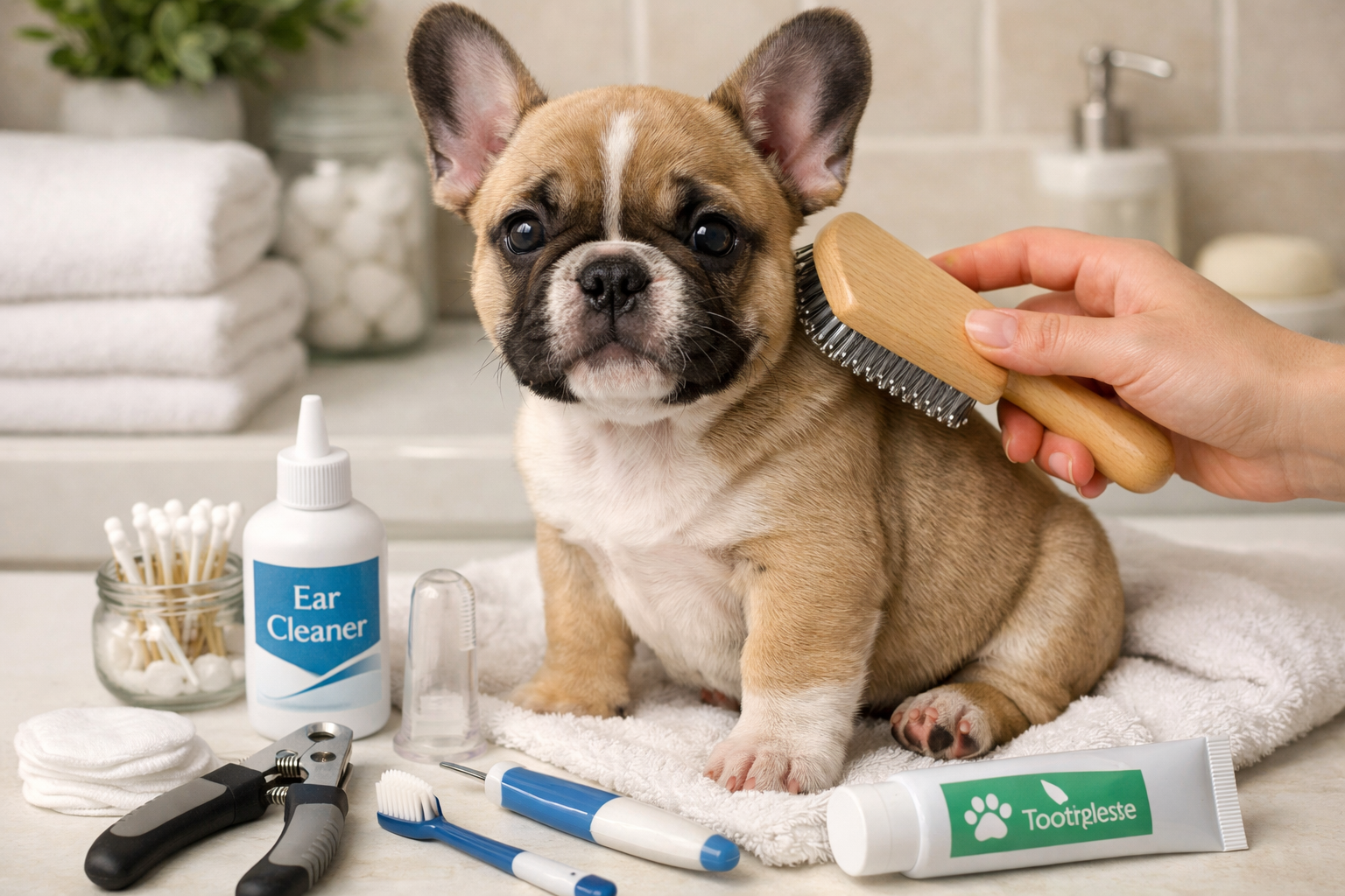 Portrait format (1024x1536) image of French Bulldog puppy being gently brushed, grooming supplies laid out including nail clippers, ear clea