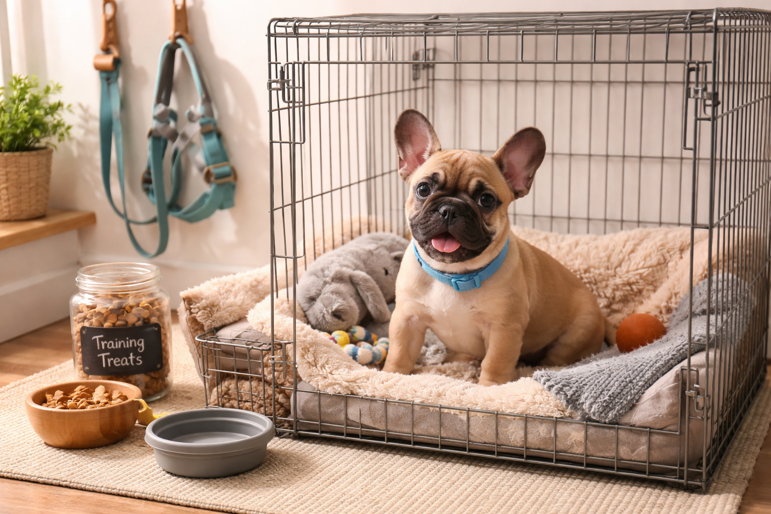 Portrait format (1024x1536) image showing French Bulldog puppy in comfortable crate with soft bedding and toys, training treats nearby, leas