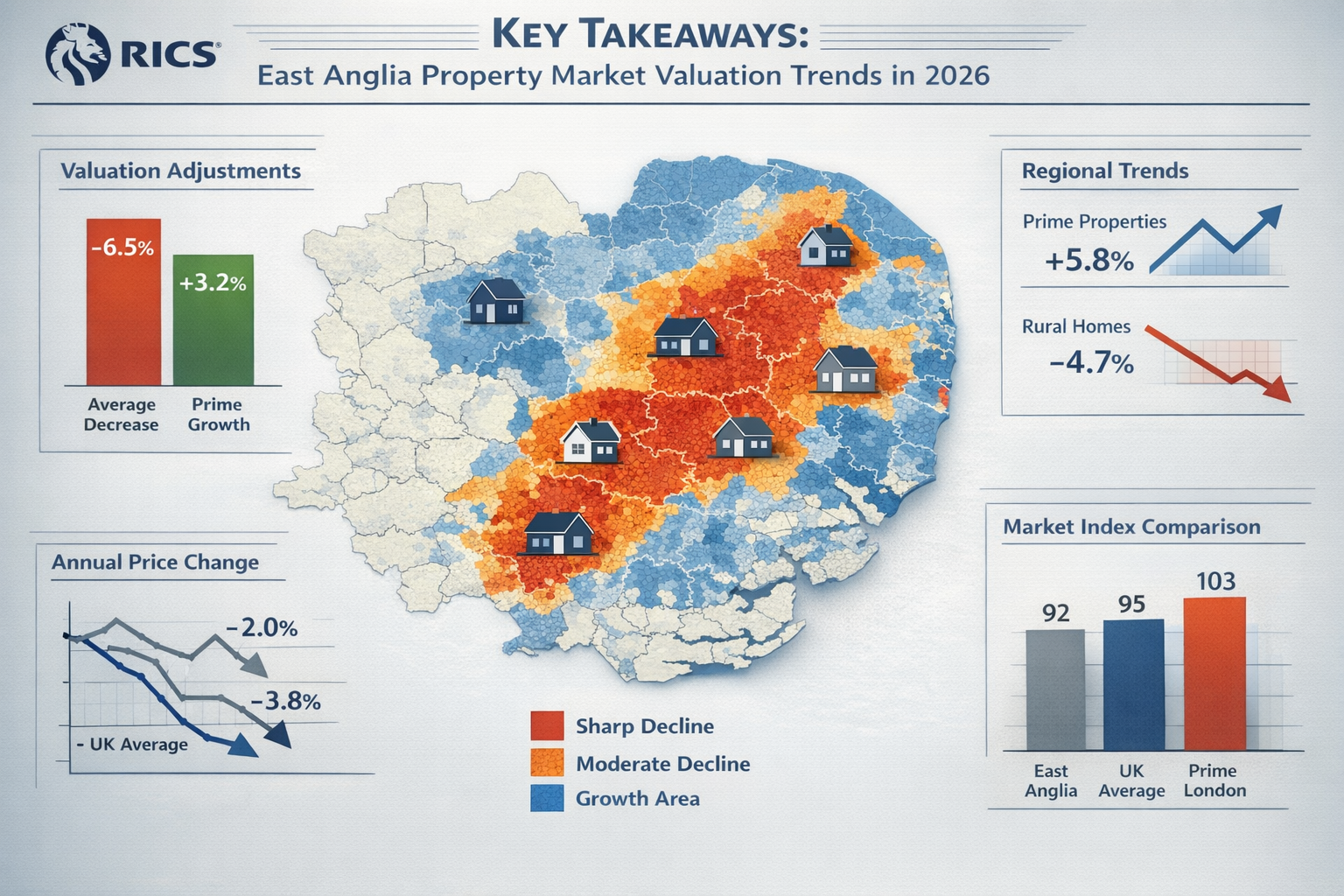Comprehensive editorial-style infographic visualizing 'Key Takeaways' for East Anglia property market valuation trends in