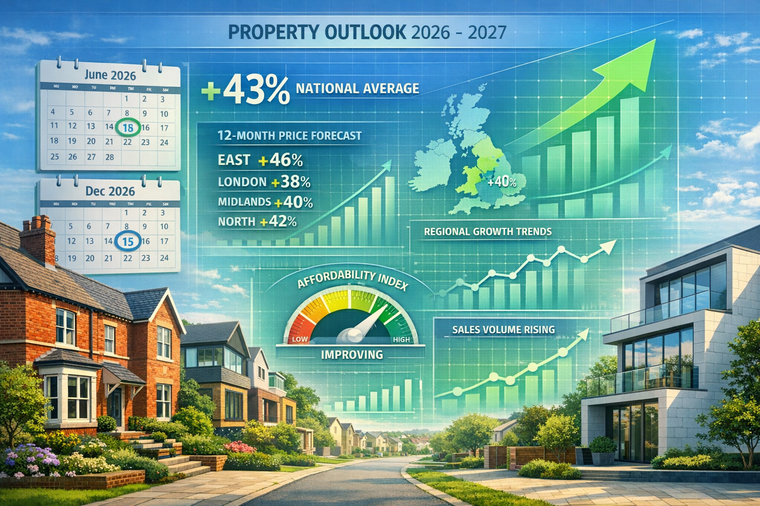 Detailed () image showing futuristic property market outlook visualization for 2026-2027. Split composition: foreground