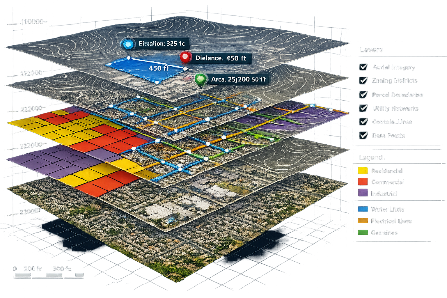 Detailed landscape format (1536x1024) illustration showing multiple transparent GIS data layers stacked vertically in 3D perspective. Bottom