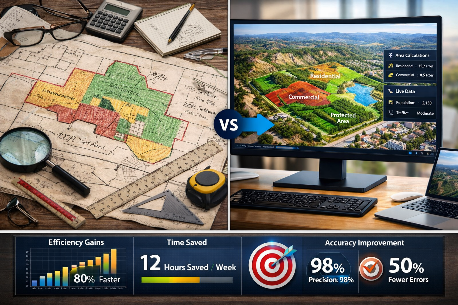 Detailed landscape format (1536x1024) split-screen comparison visualization for property development decision-making. Left side shows tradit