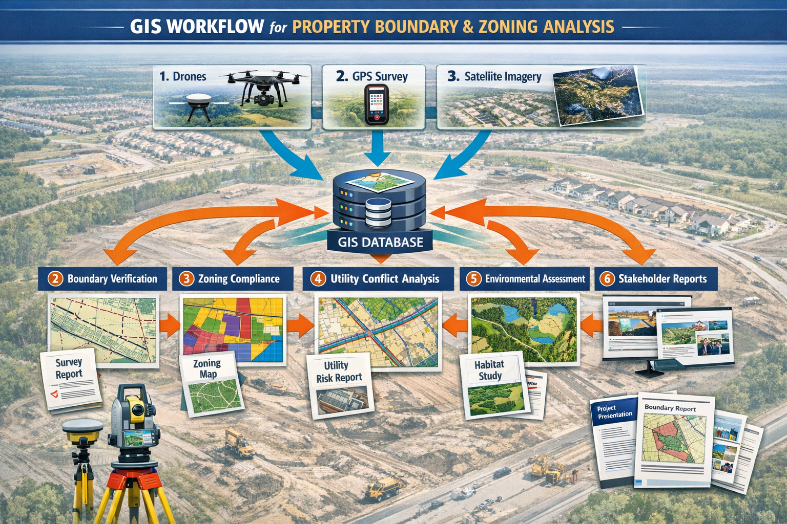 Detailed landscape format (1536x1024) comprehensive GIS workflow diagram for property boundary and zoning analysis in development projects. 