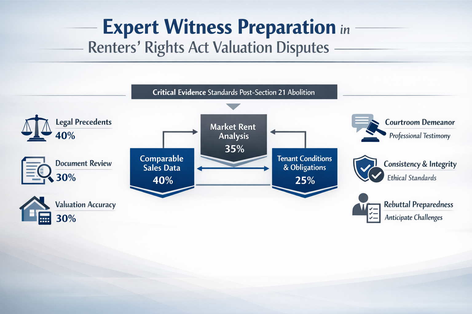 Infographic-style visual summarizing key takeaways for Expert Witness Preparation in Renters' Rights Act Valuation Disputes,