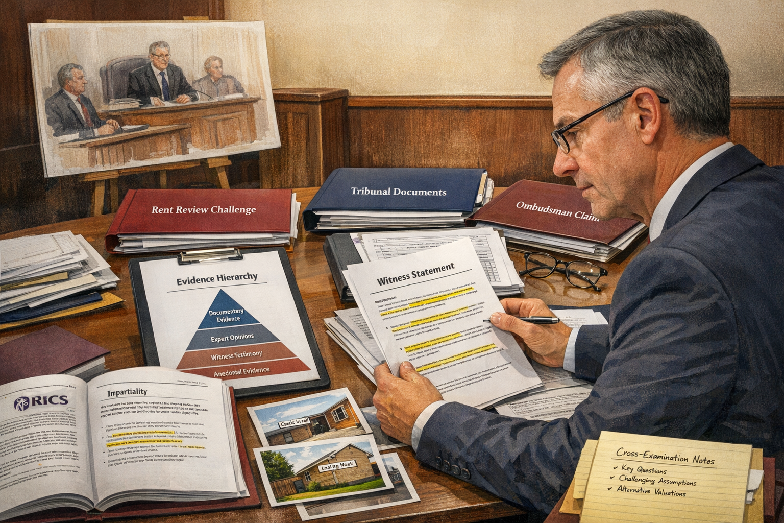 Detailed () image showing expert witness courtroom preparation scene: professional surveyor reviewing evidence bundle with