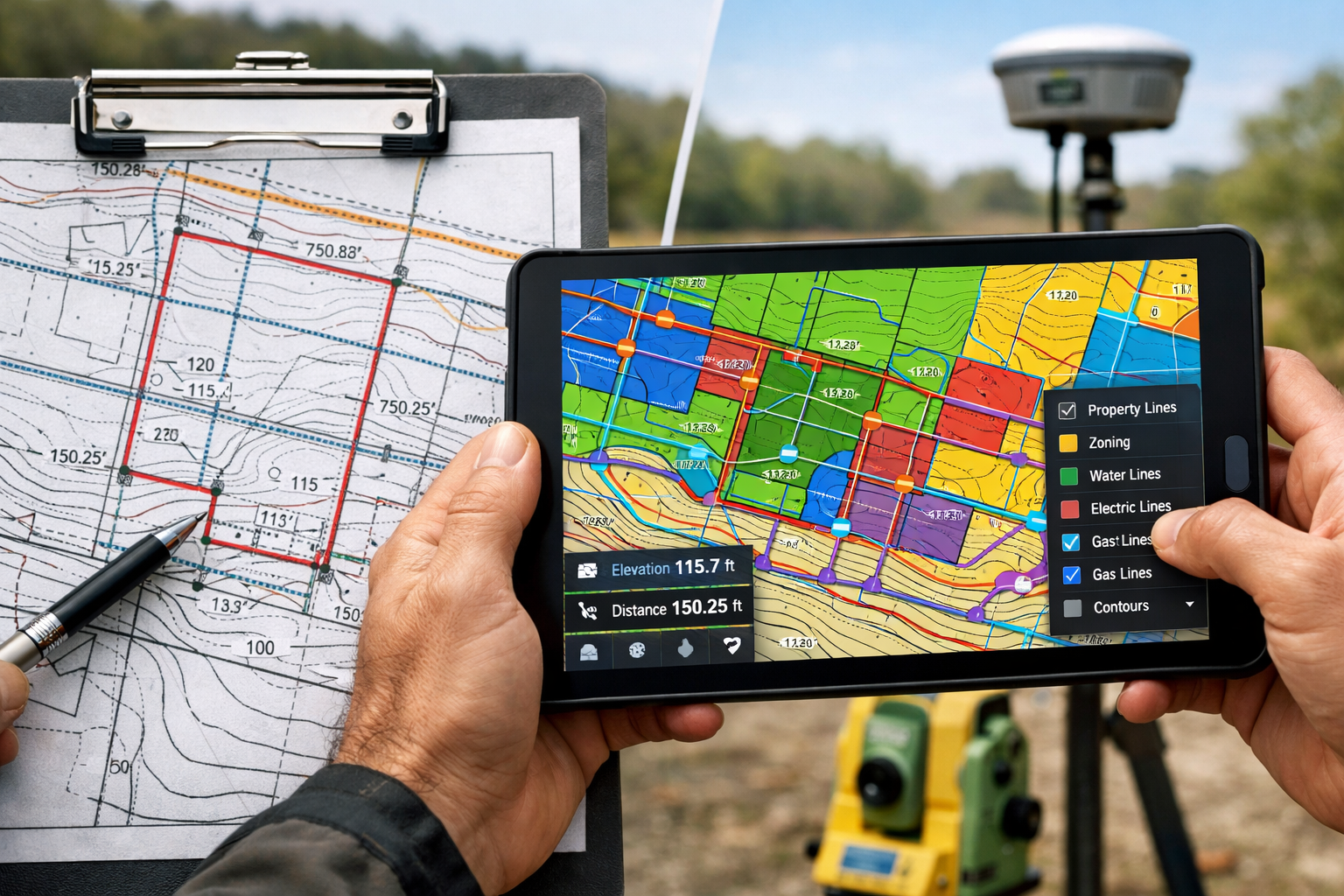 Detailed landscape format (1536x1024) image showing close-up of professional surveyor's hands holding tablet displaying interactive GIS map