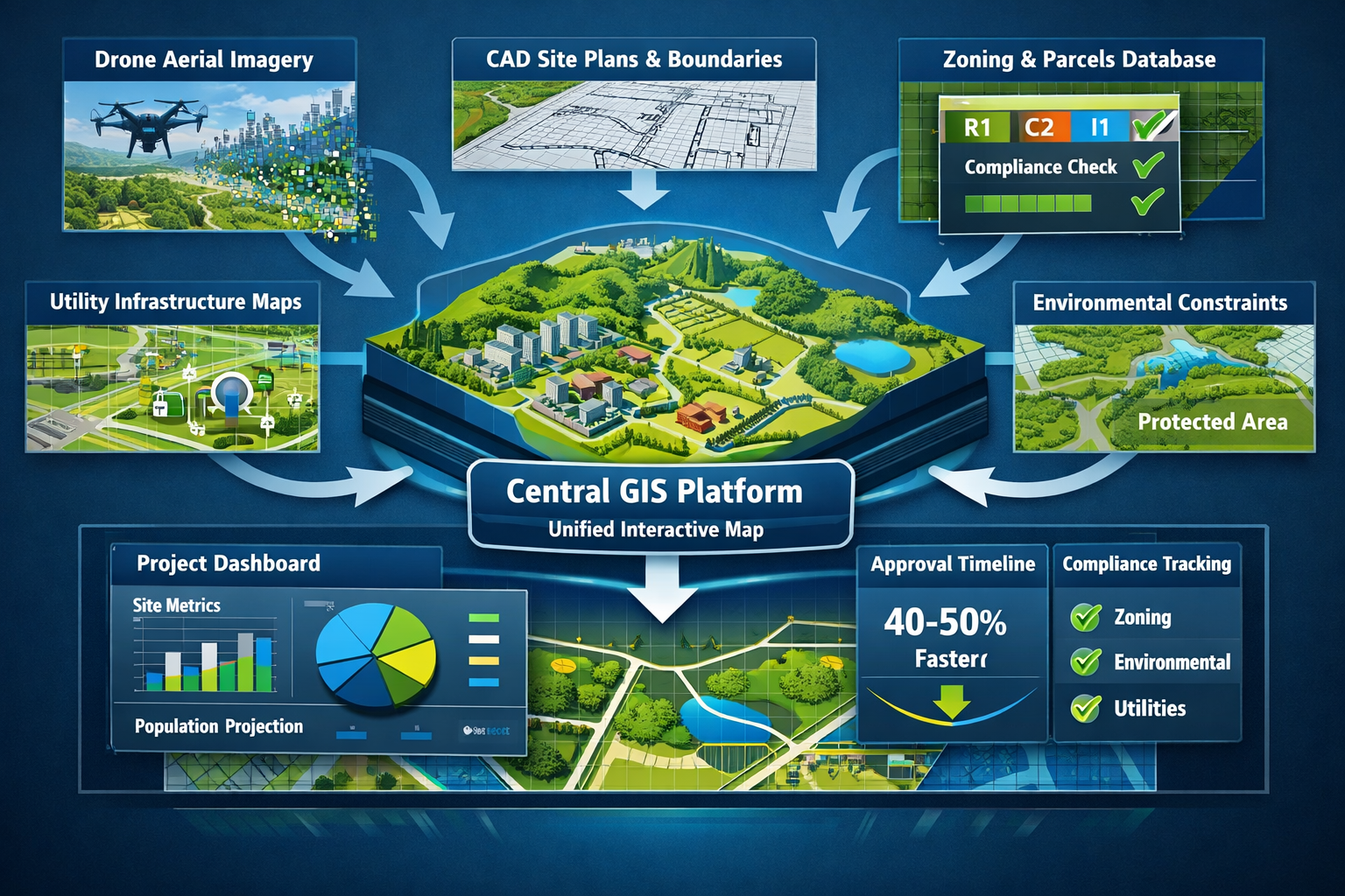 Detailed landscape format (1536x1024) infographic-style image showing GIS data integration workflow for land development project. Central hu