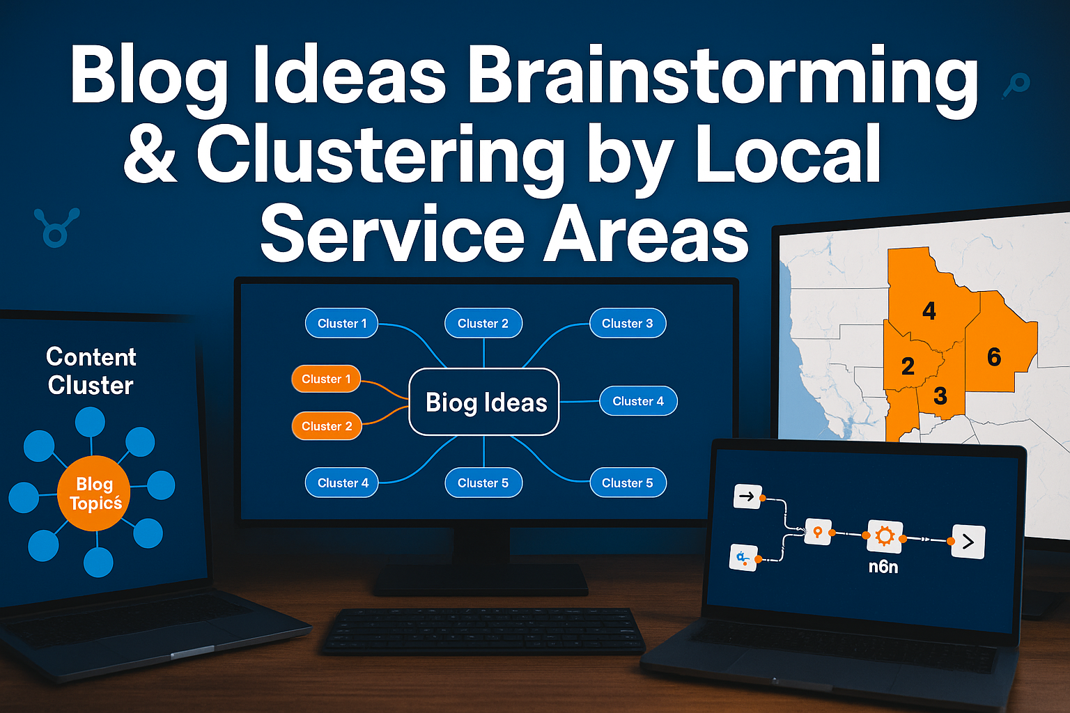 Professional landscape hero image (1536x1024) featuring bold text overlay 'Blog Ideas Brainstorming & Clustering by Local Service Areas' in 